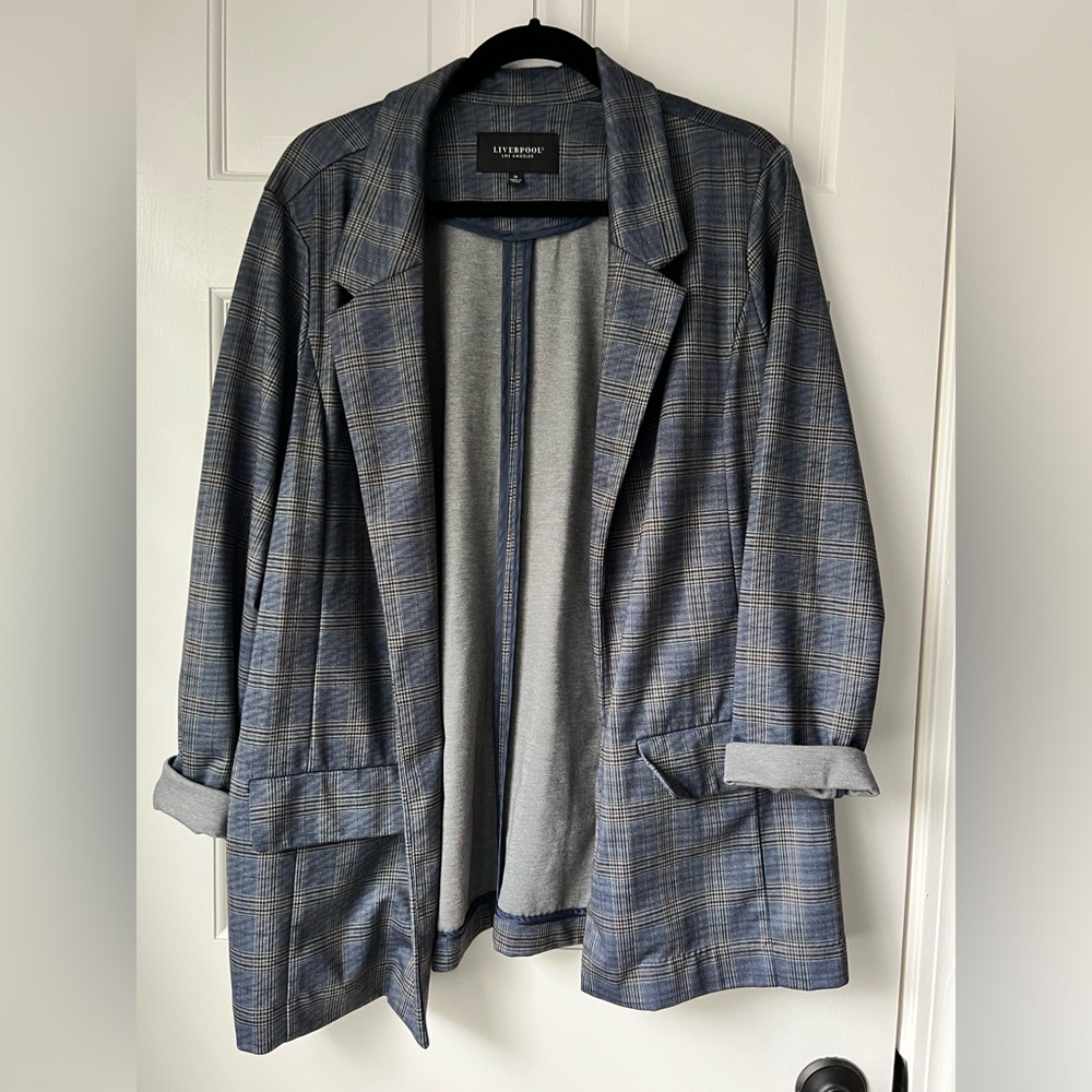 Liverpool Stitch Fix Blue Plaid Boyfriend Blazer Jacket Open‎ Front size 1X